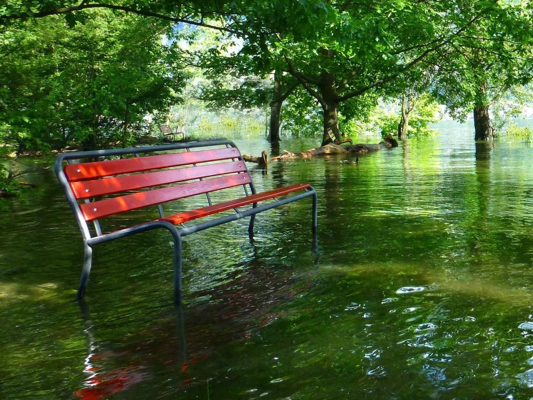 rote Parkbank, die auf überfluteter Wiese steht